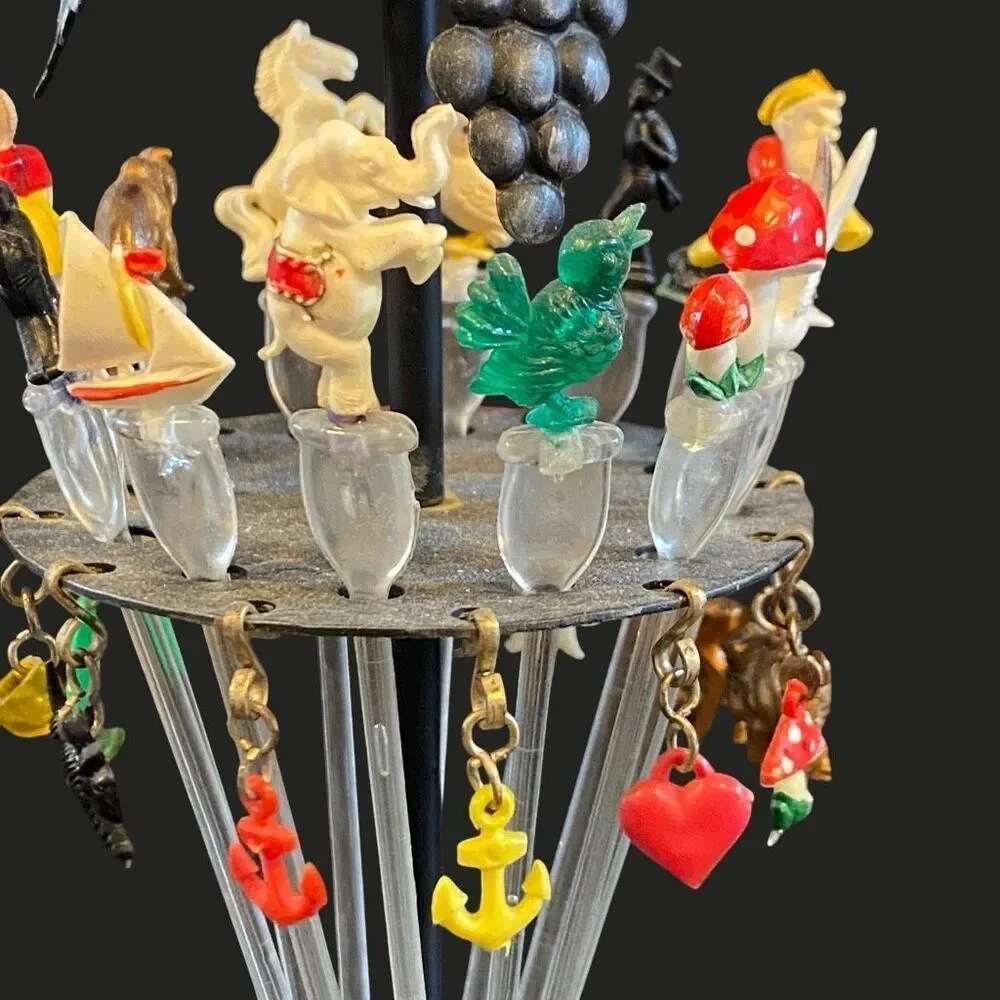 Vintage Bar Cocktail Picks & Charms on Metal Stand Retro Plastic Sticks Charms C